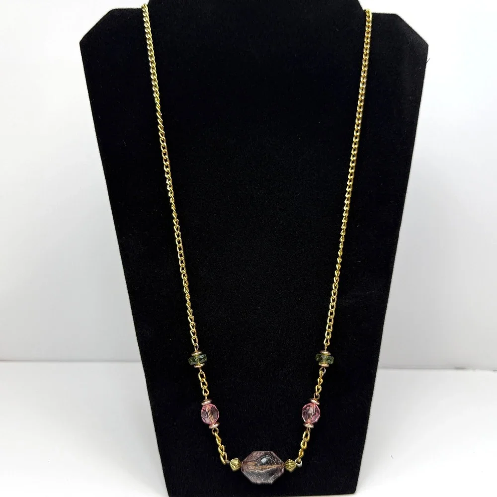 Long Gold Tone Colorful Faceted Acrylic Beads Chain Necklace Fashion Jewelry